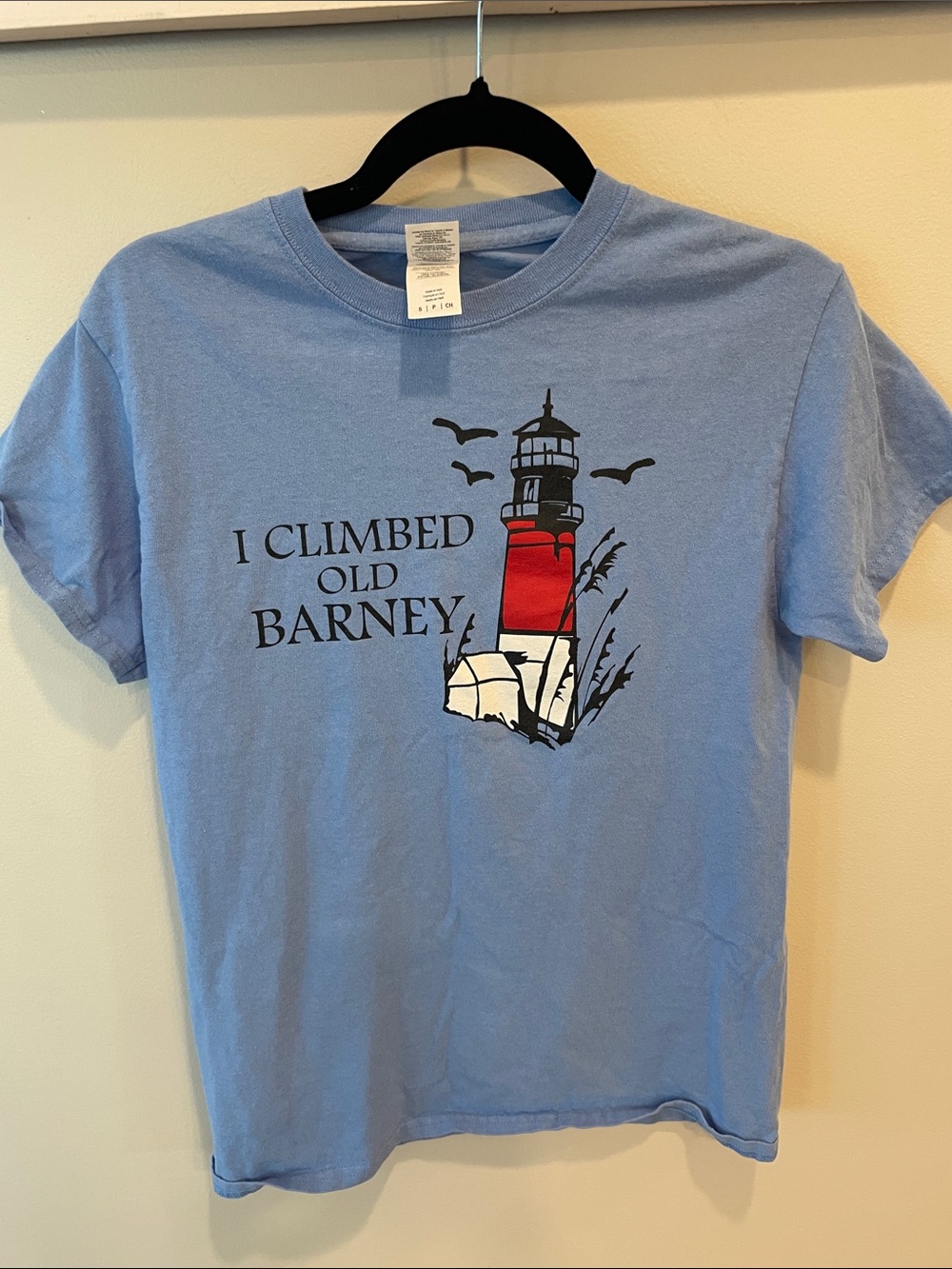 Light Blue Tee with Red & Black Lighthouse Graphic S
